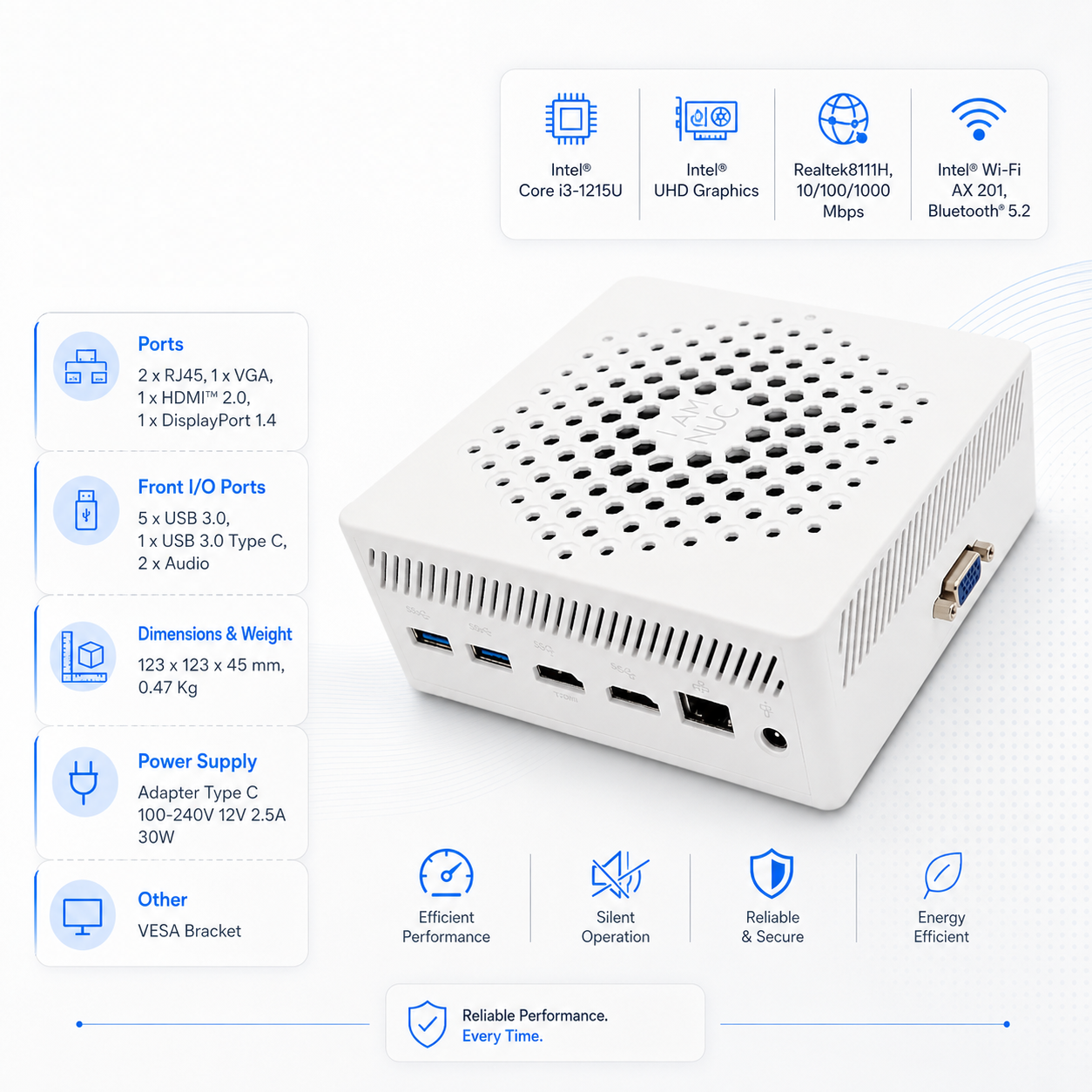 Un mini PC blanco con Intel Core i3, gráficos UHD, múltiples puertos y especificaciones.