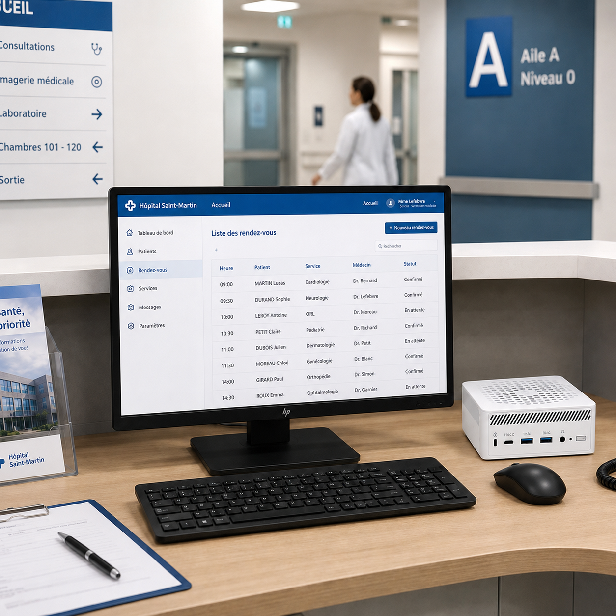 Una pantalla de computadora muestra un horario de citas con nombres y horarios en un hospital.