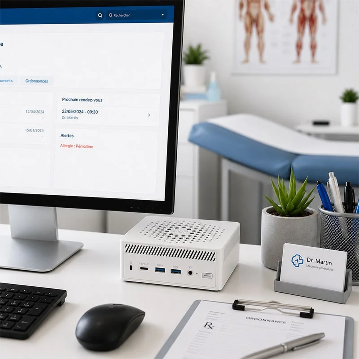 Escritorio de médico con computadora, mini PC, teclado, mouse y documentos médicos.