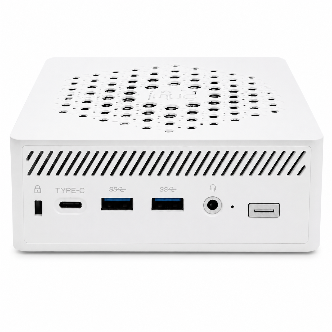 Mini PC blanco con puertos frontales: ranura de bloqueo, USB-C, 2x USB-A, jack de auriculares, ranura SD.