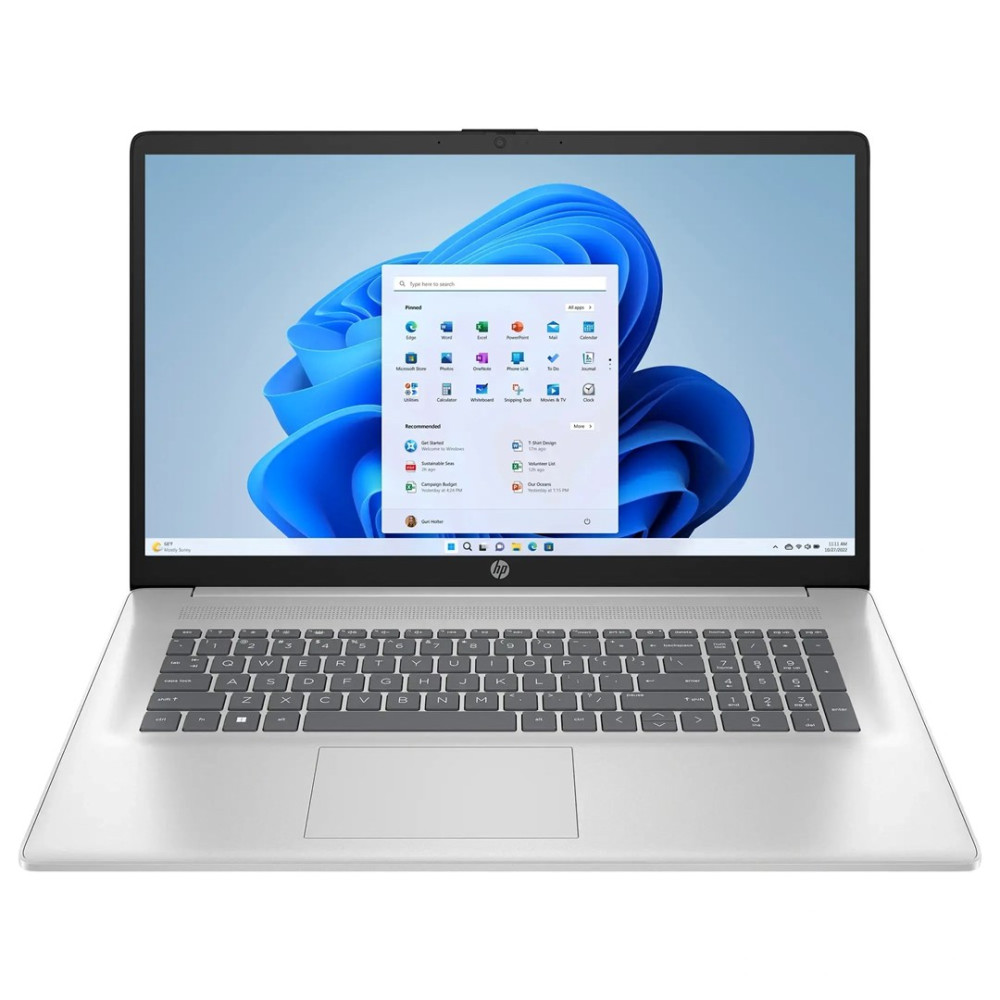 Srebrny laptop HP z menu startowym Windows 11 na niebieskiej tapecie.