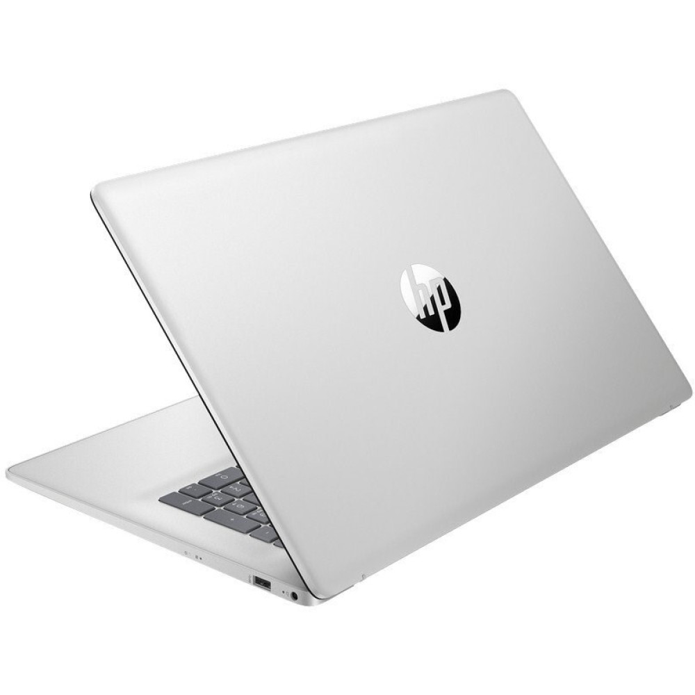 Srebrny laptop HP, częściowo otwarty, z logo na pokrywie.
