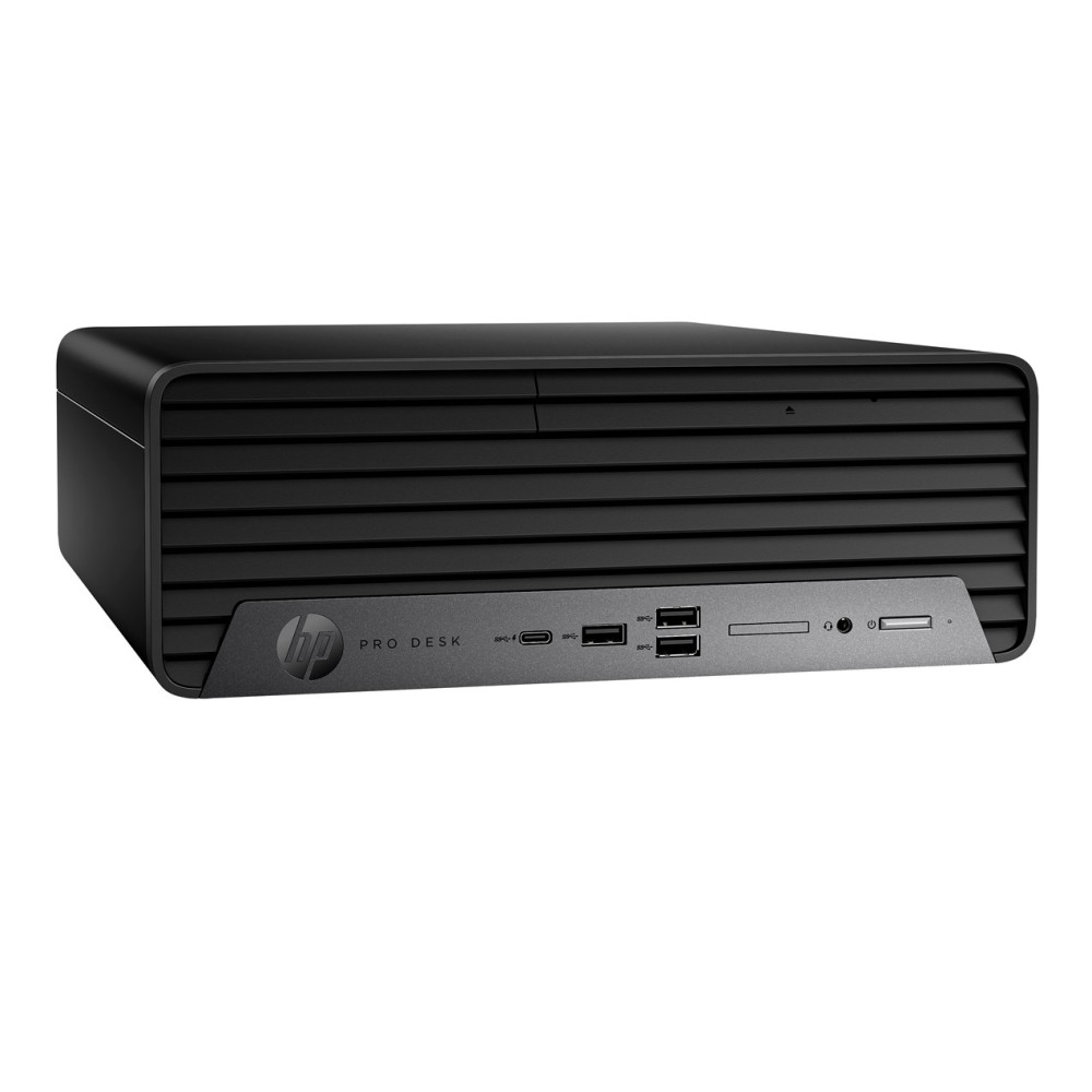 Czarna obudowa komputera HP Pro Desk z poziomymi otworami wentylacyjnymi i portami przednimi.