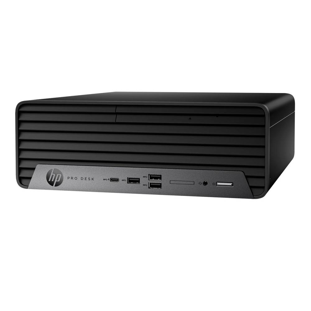 Widok z przodu czarnej wieży komputerowej HP Pro Desk z portami i otworami wentylacyjnymi.