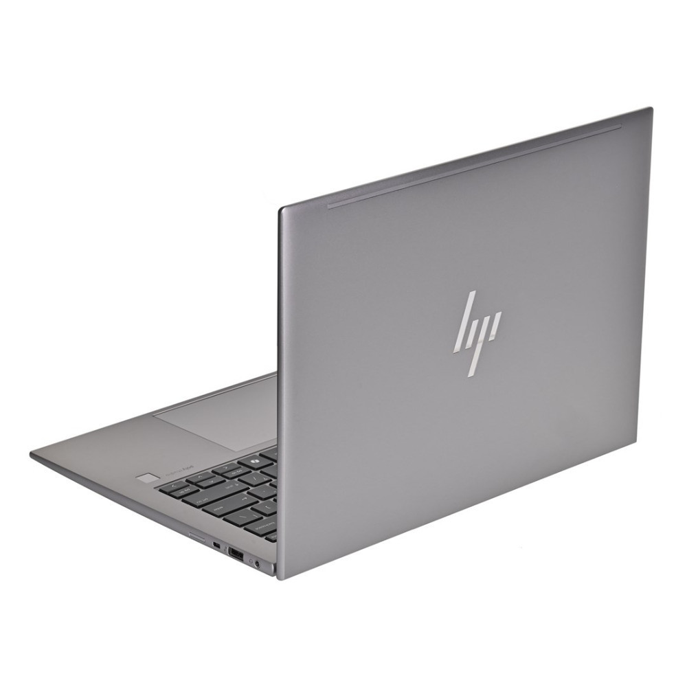 Zamknięty srebrny laptop HP z klawiaturą i logo HP na pokrywie.