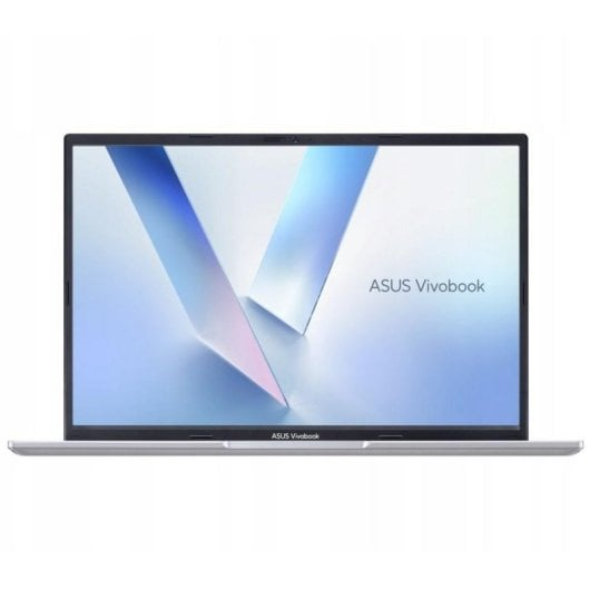 Srebrny laptop ASUS Vivobook wyświetlający stylizowane tło w kształcie litery V.