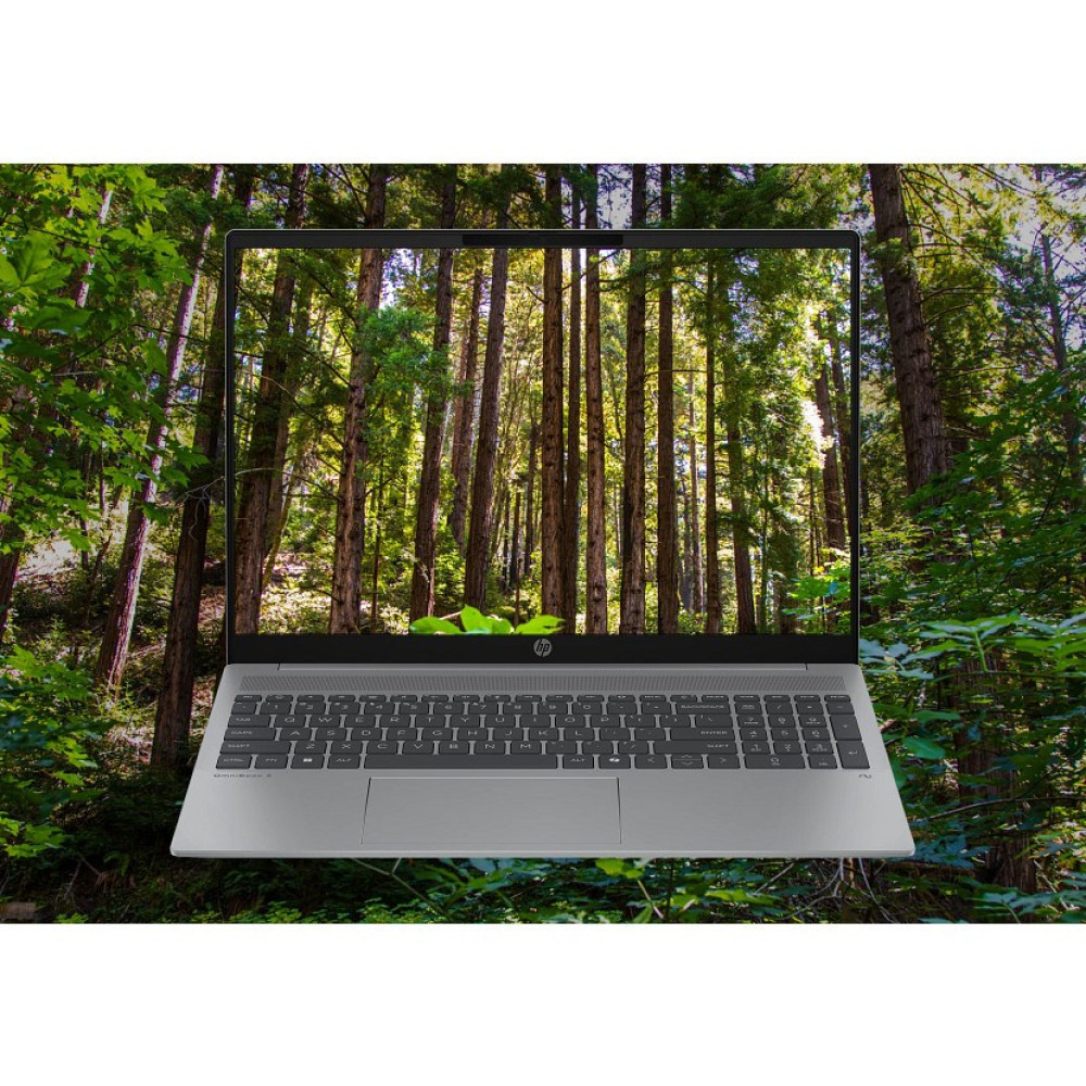Laptop wyświetlający scenę leśną, otoczony drzewami w lesie.