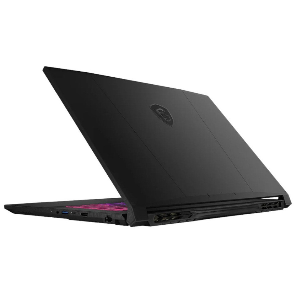 Czarny laptop z podświetlaną klawiaturą, pokazany od tyłu.