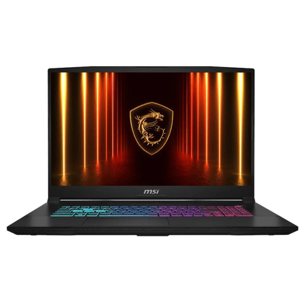 Czarny laptop MSI z podświetlaną klawiaturą i logo smoka na ekranie.