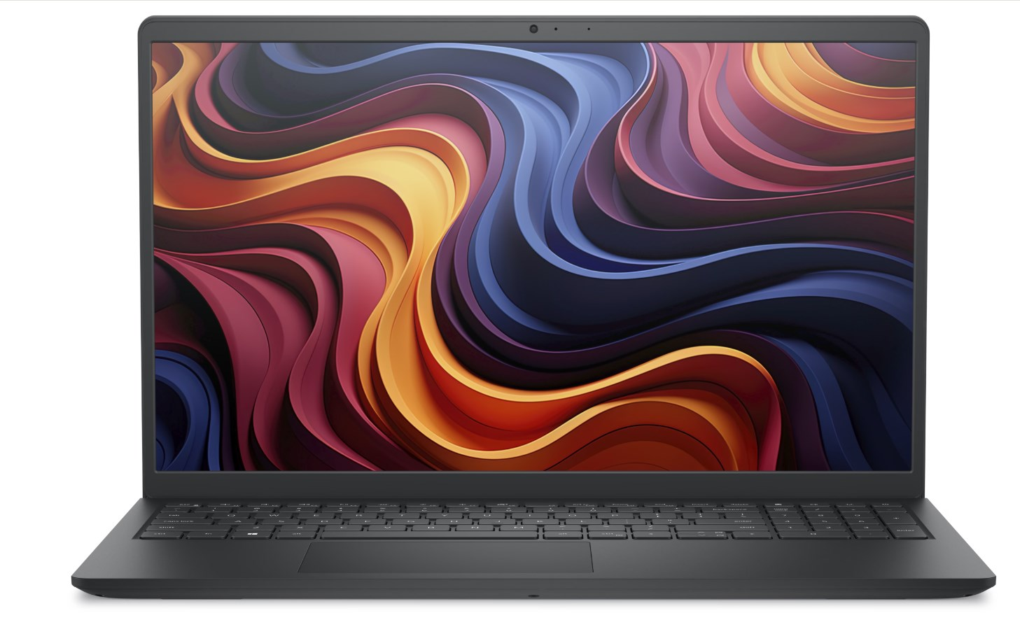 Ciemnoszary laptop jest otwarty, wyświetla kolorową abstrakcyjną tapetę na ekranie.