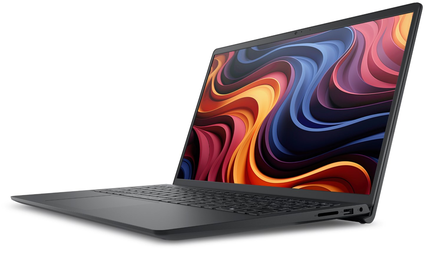 Czarny laptop z kolorową, abstrakcyjną tapetą na ekranie.