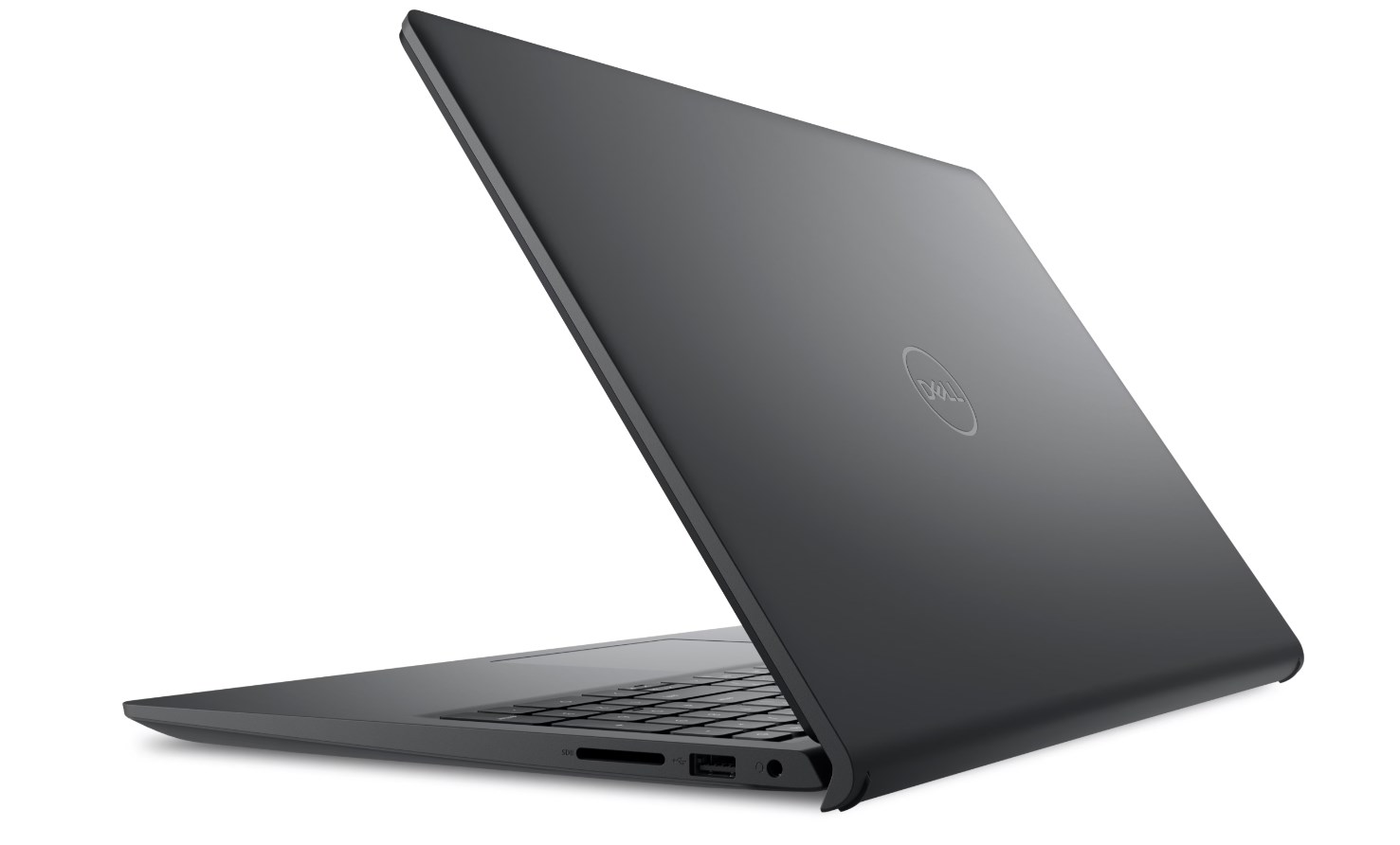 Ciemnoszary laptop Dell z otwartym ekranem, widoczną klawiaturą i portami.