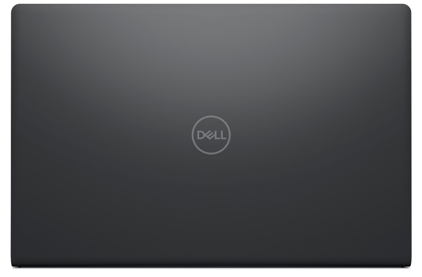 Zamknięty ciemny laptop Dell ze srebrnym logo pośrodku.