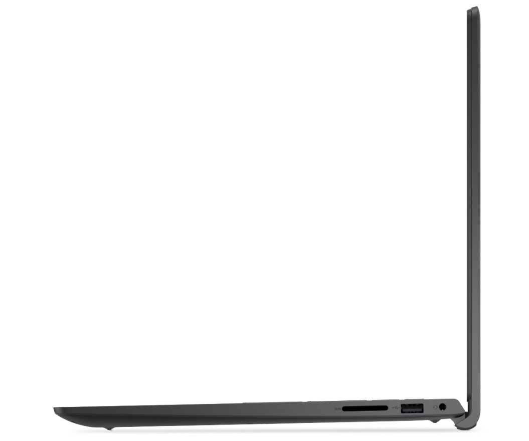 Widok boczny ciemnego laptopa ze slotem na kartę SD i portem USB.