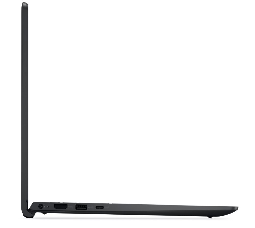 Widok z boku zamkniętego, ciemnego laptopa pokazujący porty na krawędzi.