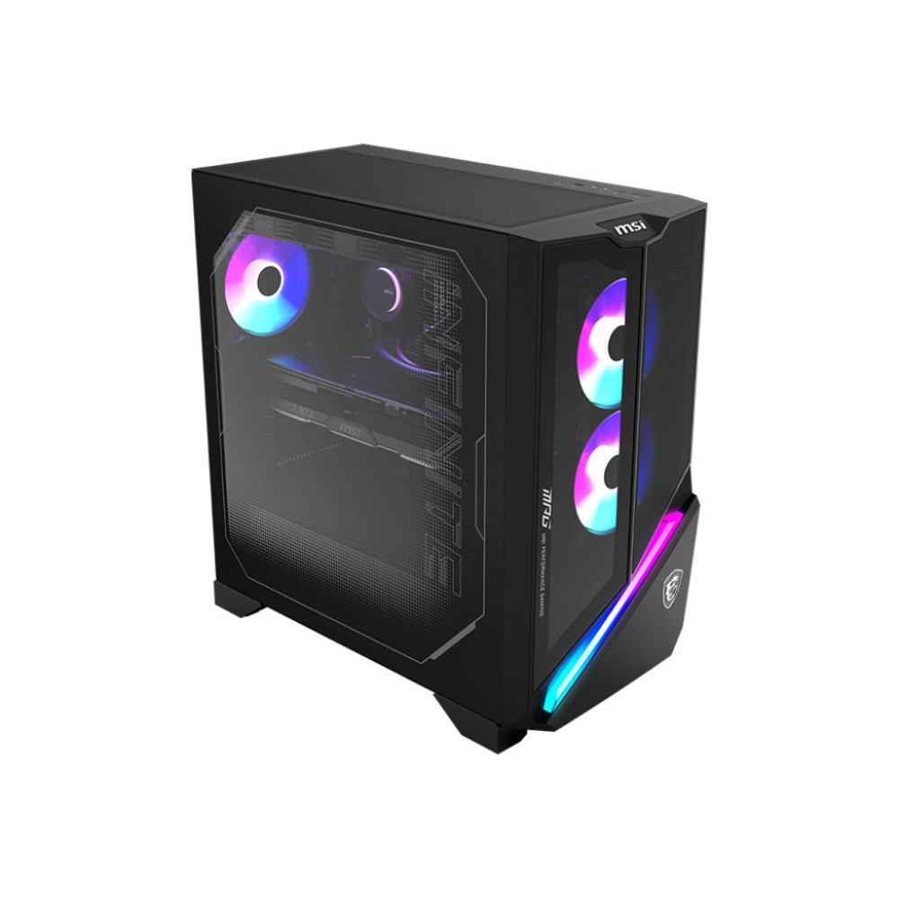 Czarna obudowa komputera z wentylatorami RGB i szklanym panelem.