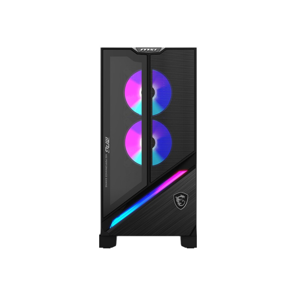 Czarna obudowa komputera z dwoma podświetlanymi wentylatorami i paskami RGB.