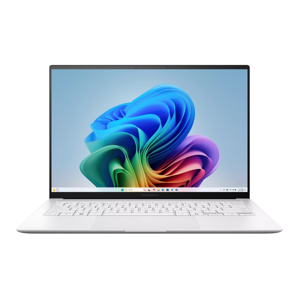 Otwarty biały laptop wyświetla kolorową, wirującą tapetę na ekranie.