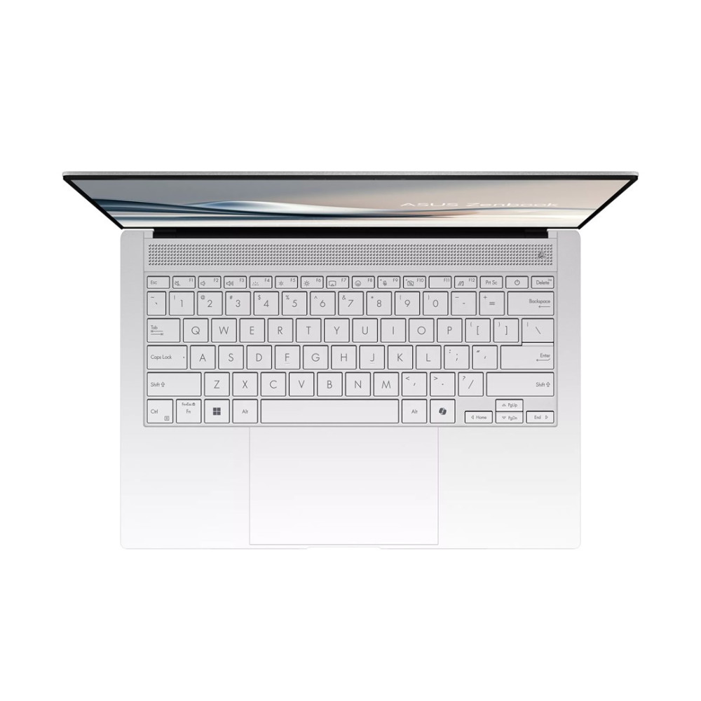 Otwarty srebrny laptop, widok z góry pokazujący klawiaturę i ekran.