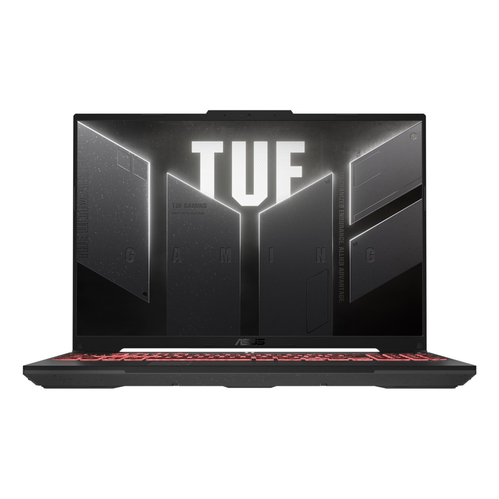 Czarny laptop gamingowy Asus z jaskrawoczerwonymi akcentami klawiatury i logo TUF na ekranie.
