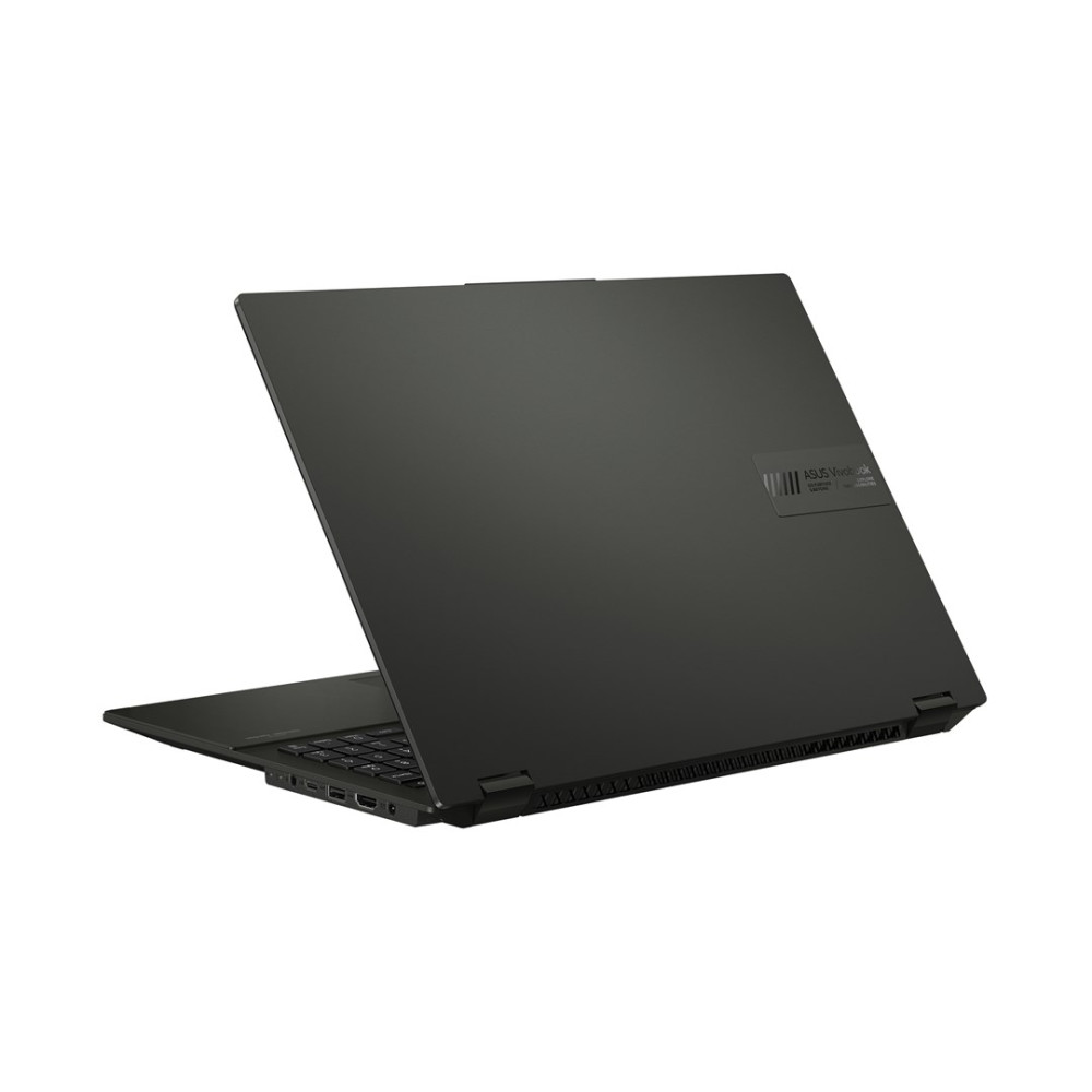 Czarny laptop z otwartym ekranem, pokazany z boku.