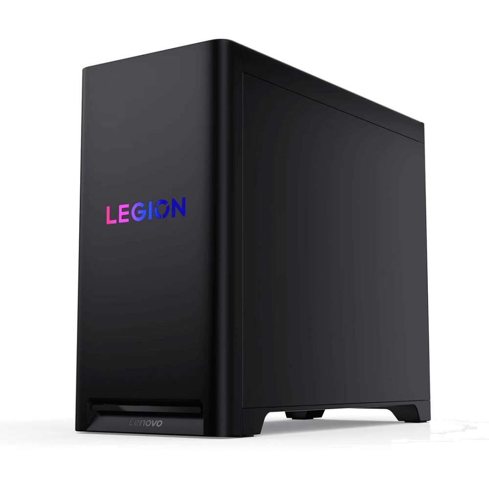 Czarna obudowa komputera stacjonarnego Lenovo Legion z gradientowym logo z przodu.