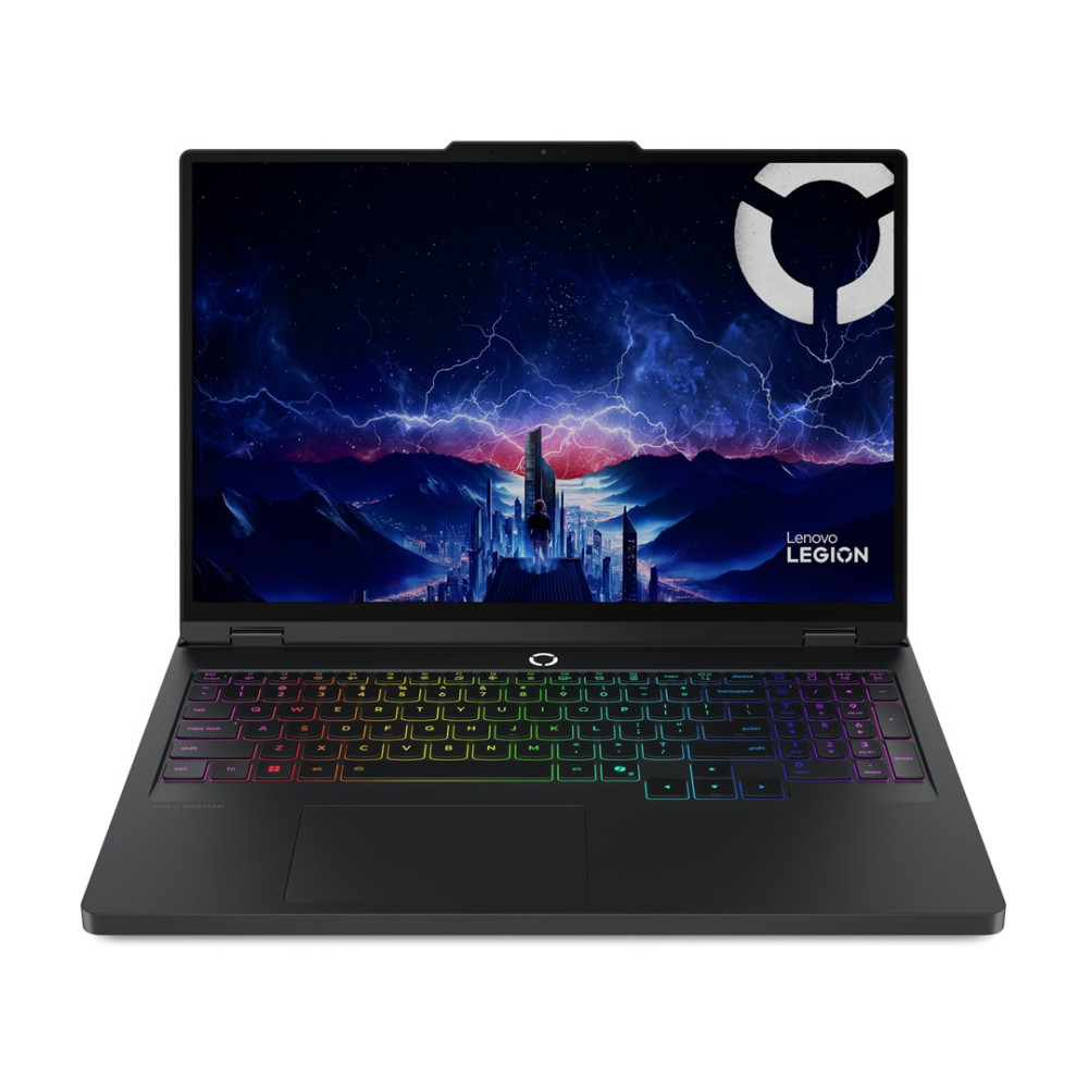 Otwarty czarny laptop Lenovo Legion z podświetlaną klawiaturą i futurystyczną tapetą.