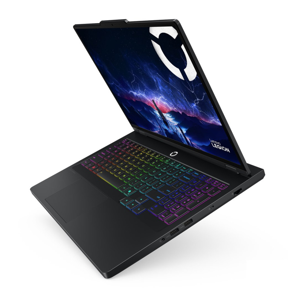 Czarny laptop z kolorową podświetlaną klawiaturą i tapetą do gier.