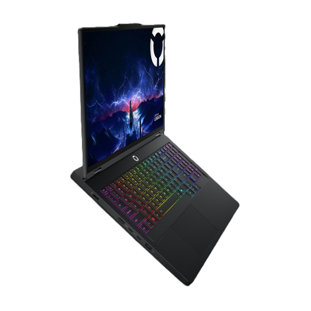 Czarny laptop z podświetlaną klawiaturą i dramatyczną tapetą.