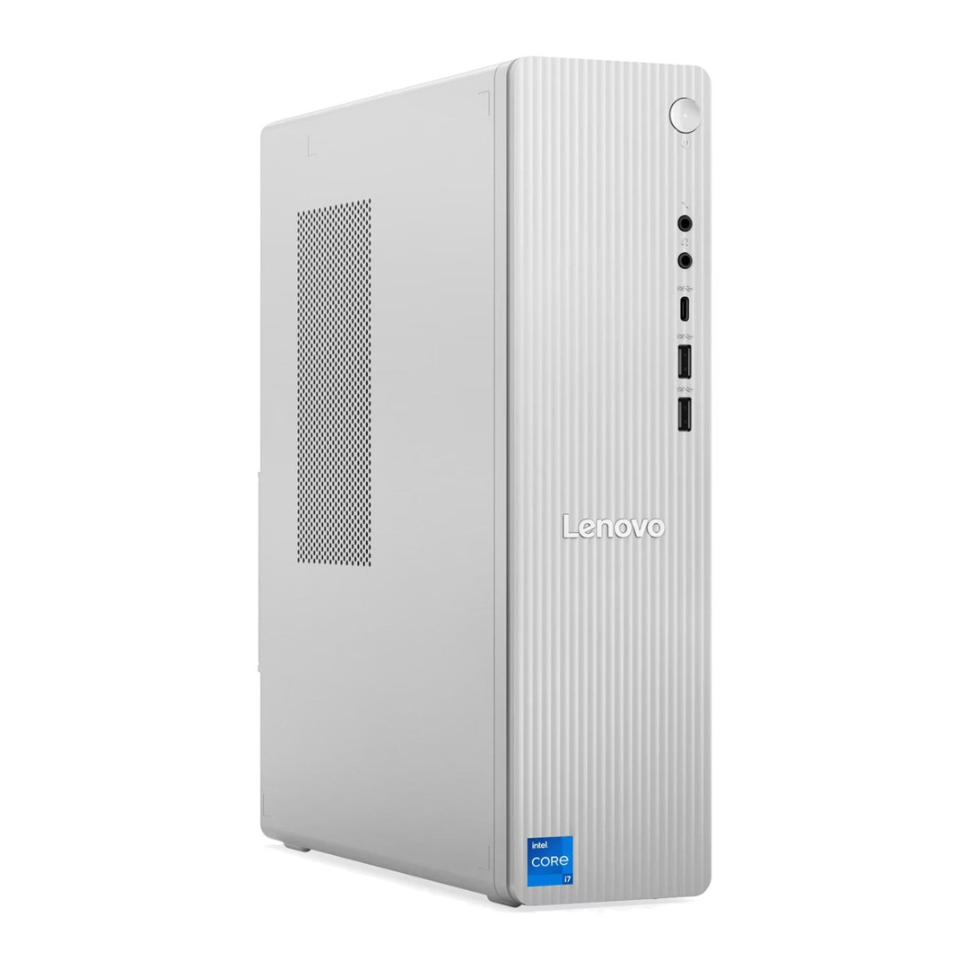 Biały komputer stacjonarny Lenovo z pionowymi żłobieniami i naklejką Intel Core i7.