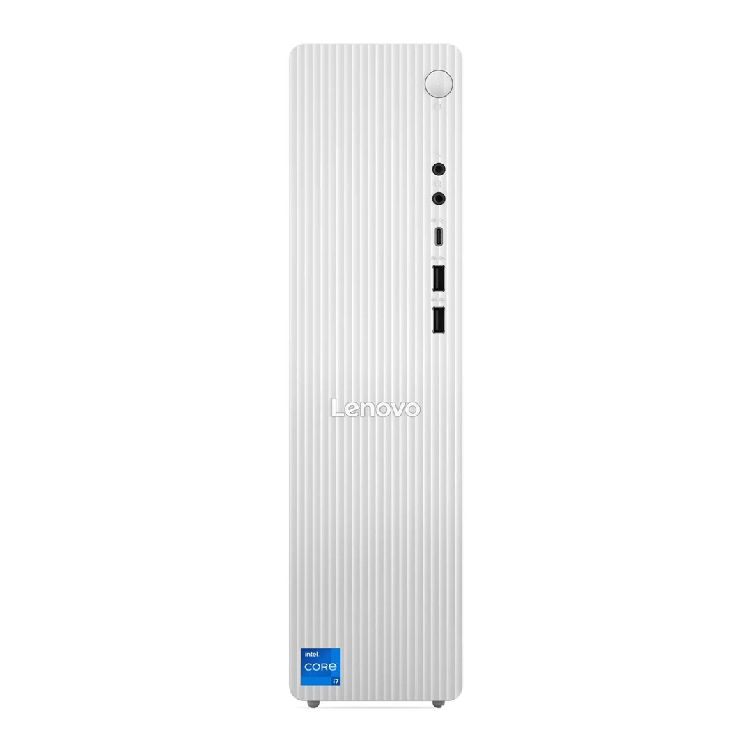 Biały komputer wieżowy Lenovo z pionowymi liniami, przyciskiem zasilania, portami USB i naklejką Intel Core i7.