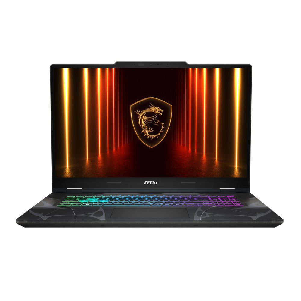 Otwarty laptop MSI z podświetlaną klawiaturą i logo smoka na ekranie.