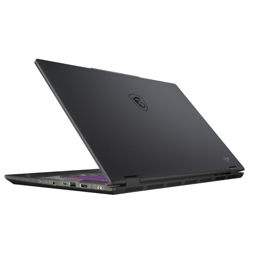 Otwarty czarny laptop z logo MSI na pokrywie i fioletowym podświetleniem klawiatury.