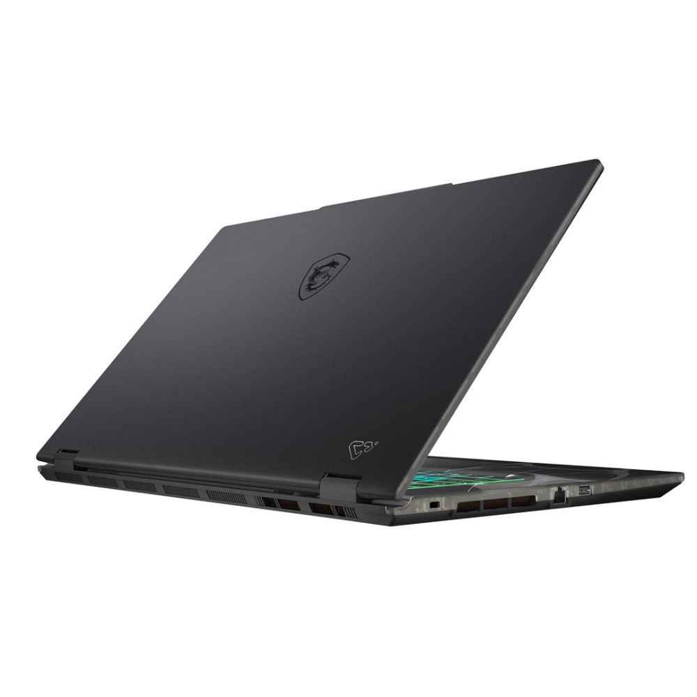 Czarny laptop z logo MSI, na białym tle.
