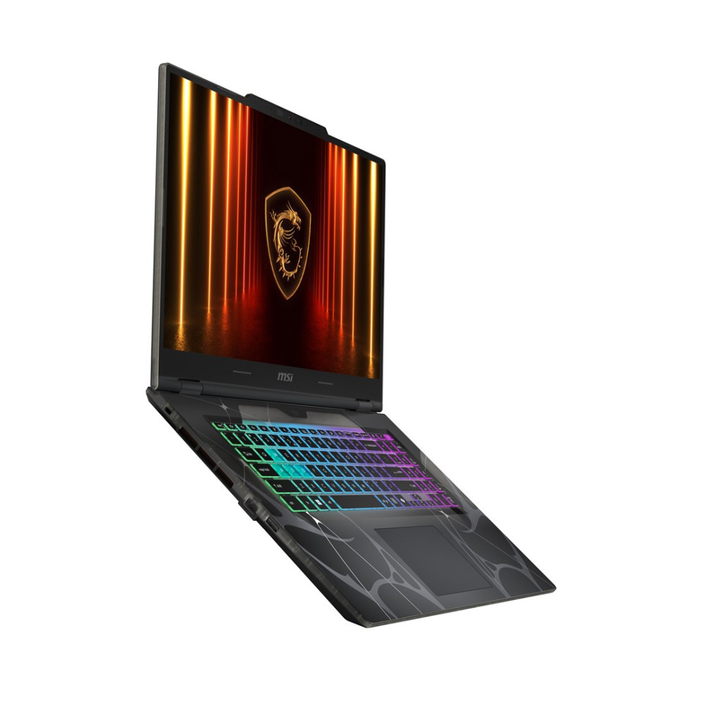 Otwarty laptop MSI z podświetlaną klawiaturą i logo smoka na ekranie.