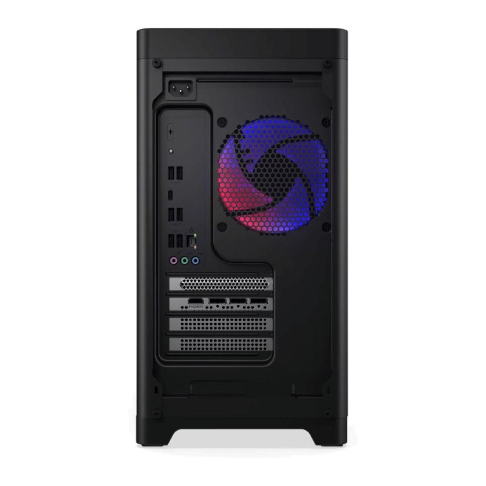 Tył czarnego komputera PC z wentylatorem, portami i złączami HDMI.