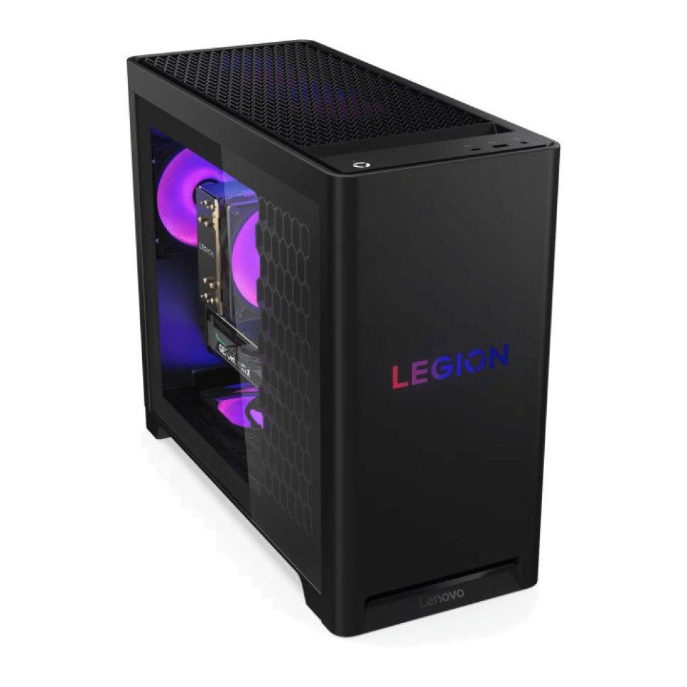 Czarny komputer gamingowy z logo "LEGION" i fioletowymi wentylatorami.