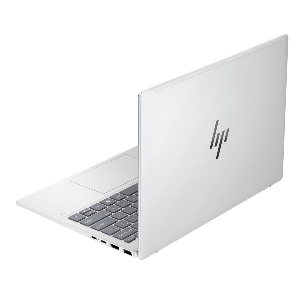 Srebrny laptop HP, otwarty, z pokrywą odchyloną do tyłu i widocznym logo HP.