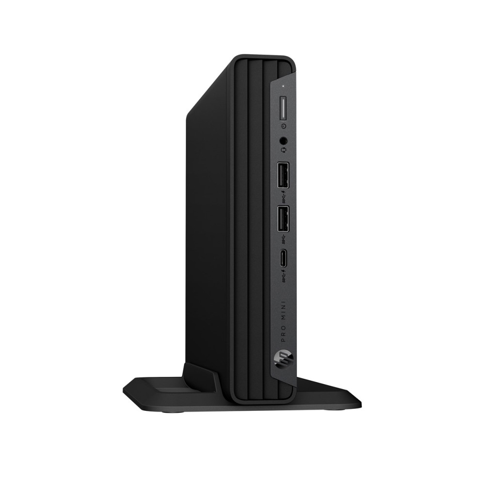 Czarny komputer HP Pro Mini z przednimi portami USB i przyciskiem zasilania.