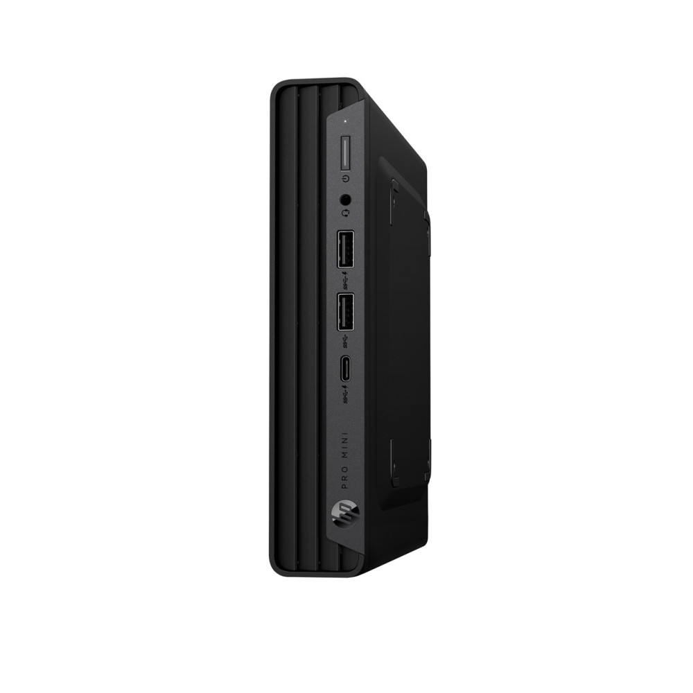Czarny HP Pro Mini PC z portami z przodu i przyciskiem zasilania.