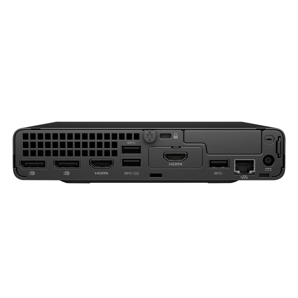 Tył czarnego mini PC z wieloma portami, w tym USB i HDMI.