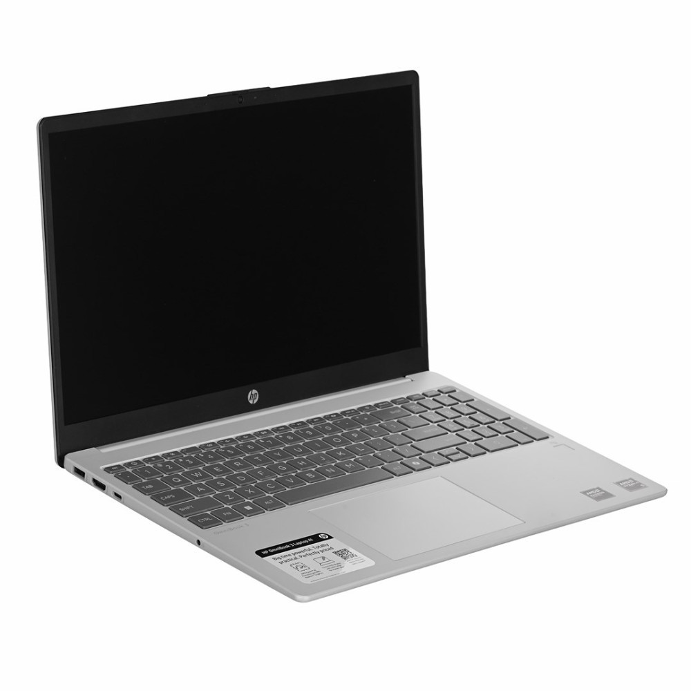 Srebrny laptop HP z czarnym ekranem i klawiaturą.
