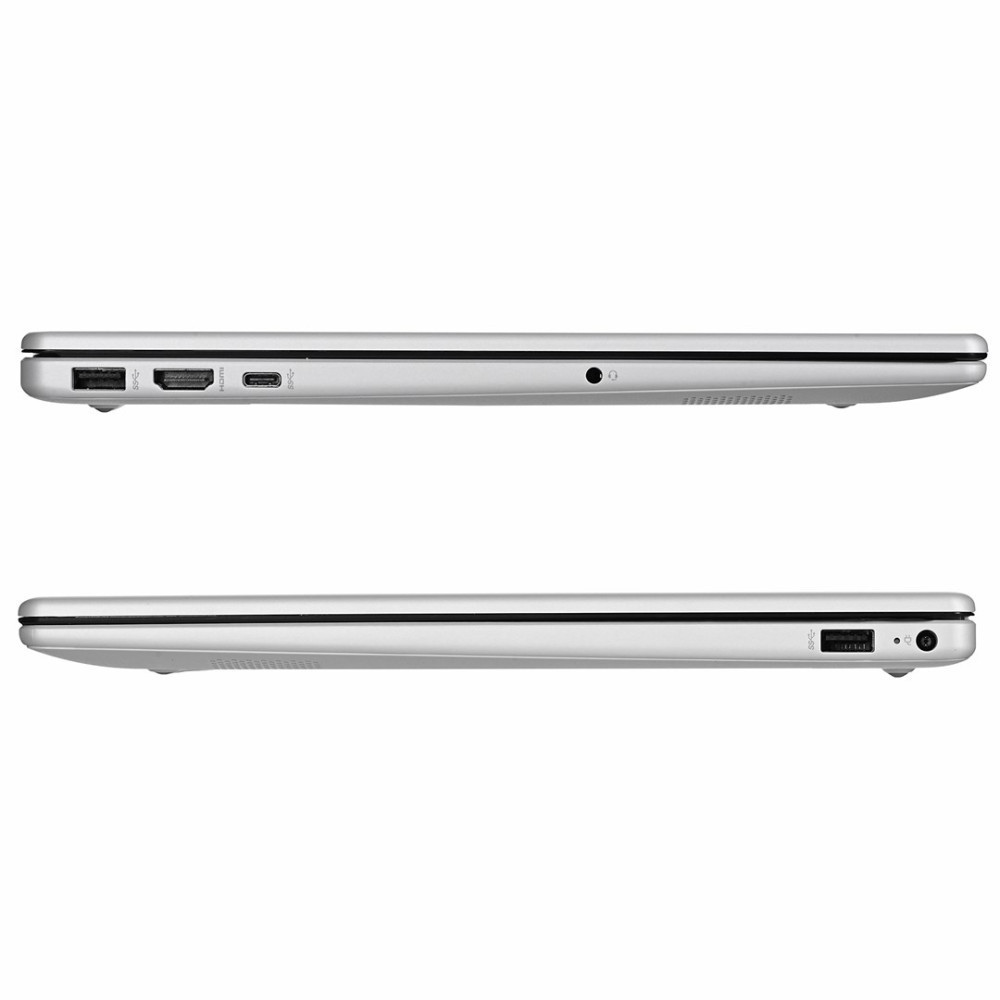 Srebrny laptop z portami: USB-A, HDMI, USB-C, gniazdo słuchawkowe i USB-A, zasilanie.