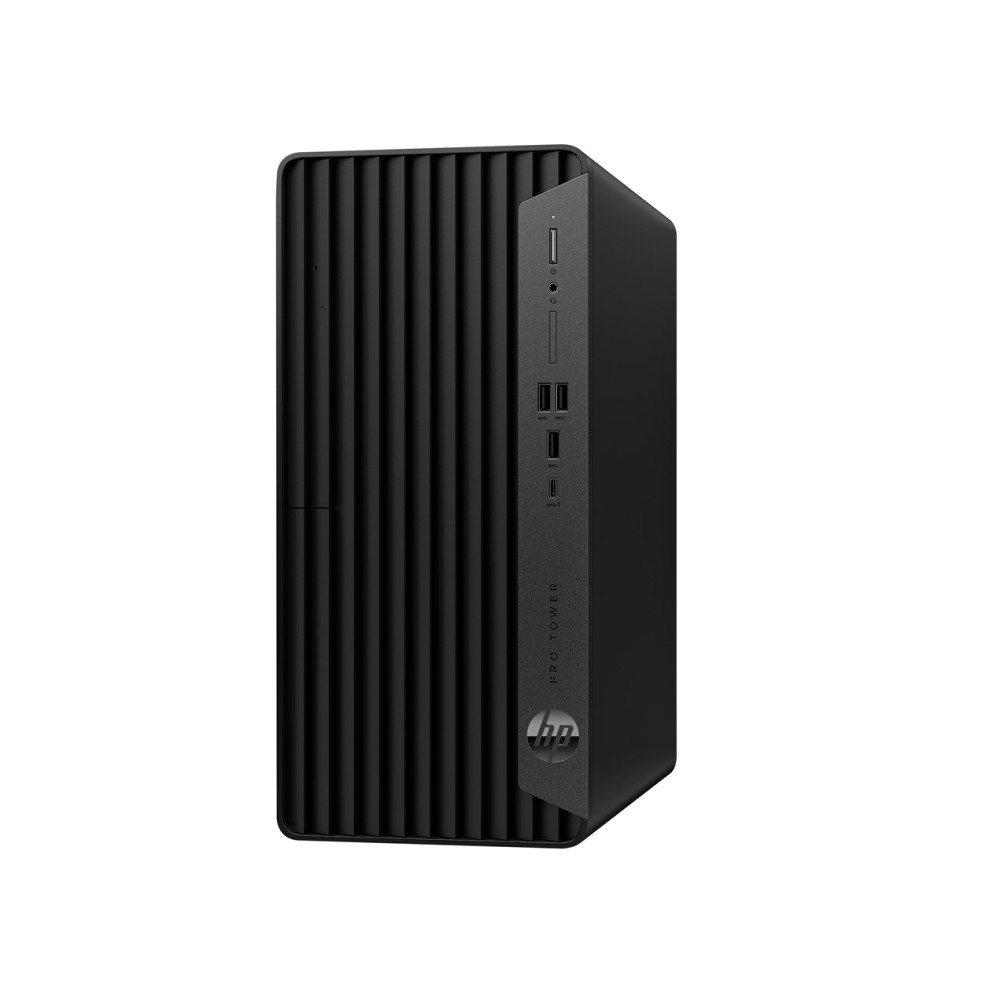 Czarny komputer HP Pro Tower z przednimi portami i pionowymi liniami z boku.