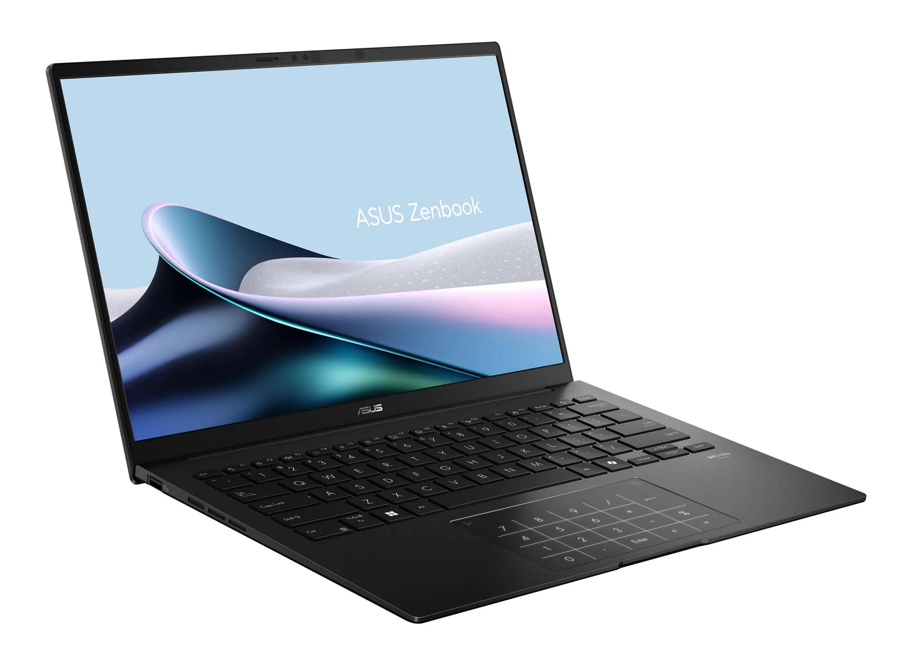 Un portátil Asus Zenbook negro con teclado retroiluminado y teclado numérico.