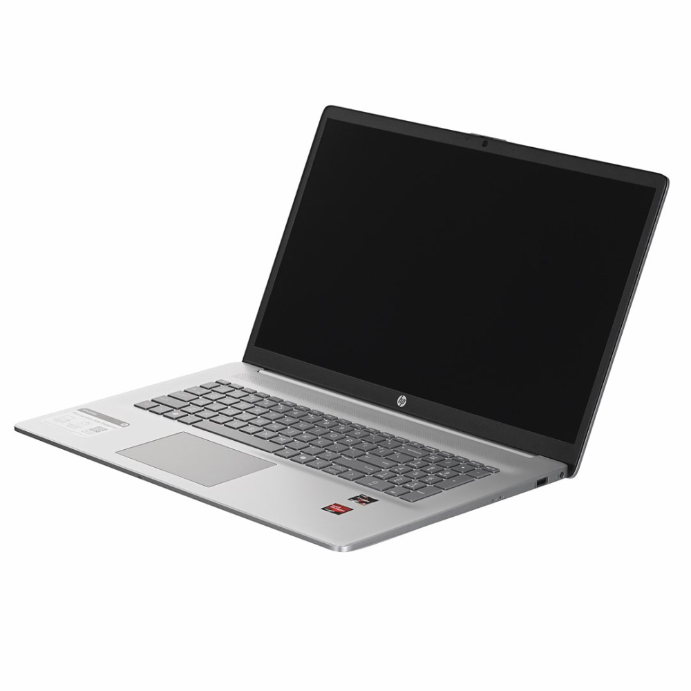 Srebrny laptop HP z czarnym ekranem i klawiaturą na białym tle.