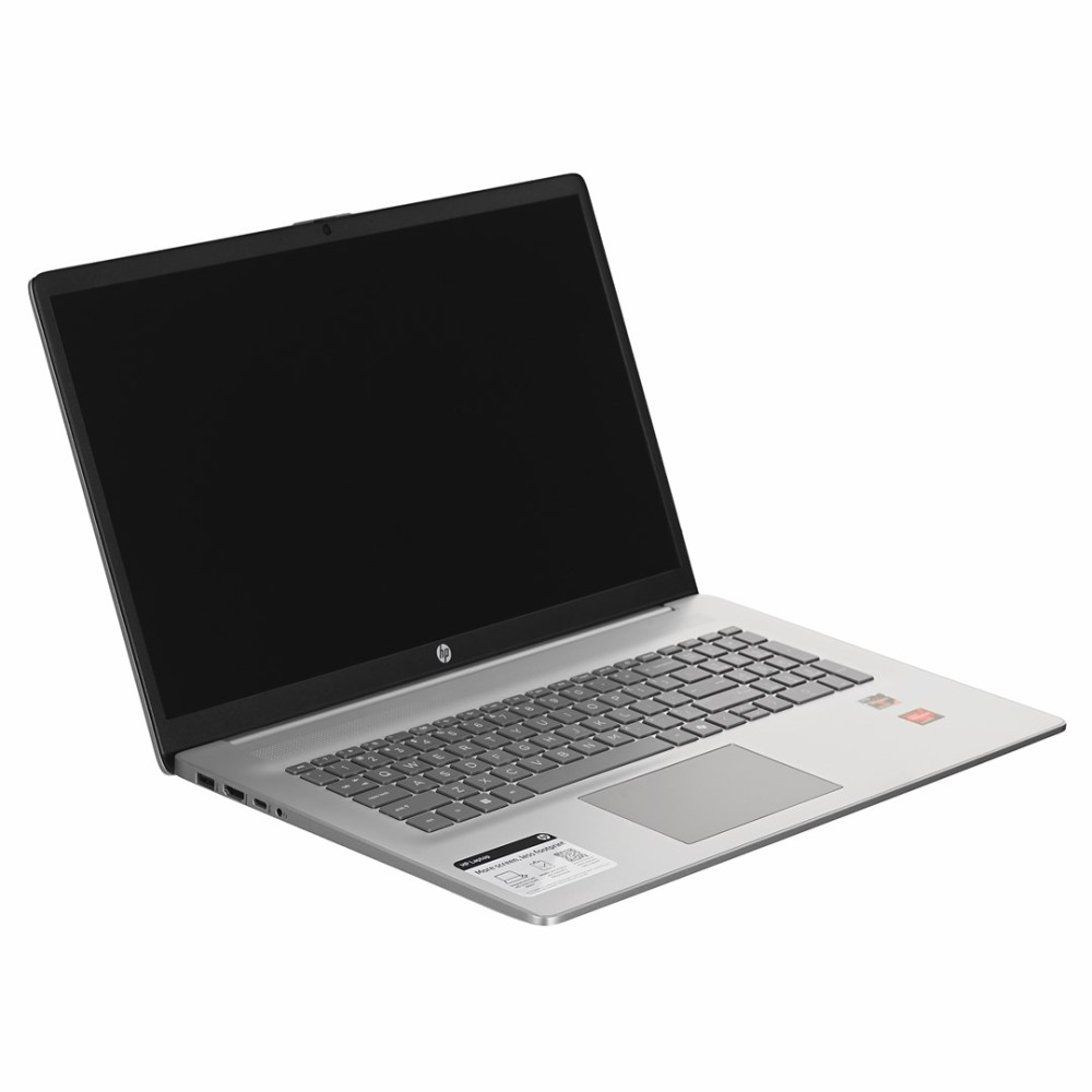 Otwarty srebrny laptop HP z czarnym ekranem i klawiaturą na białym tle.