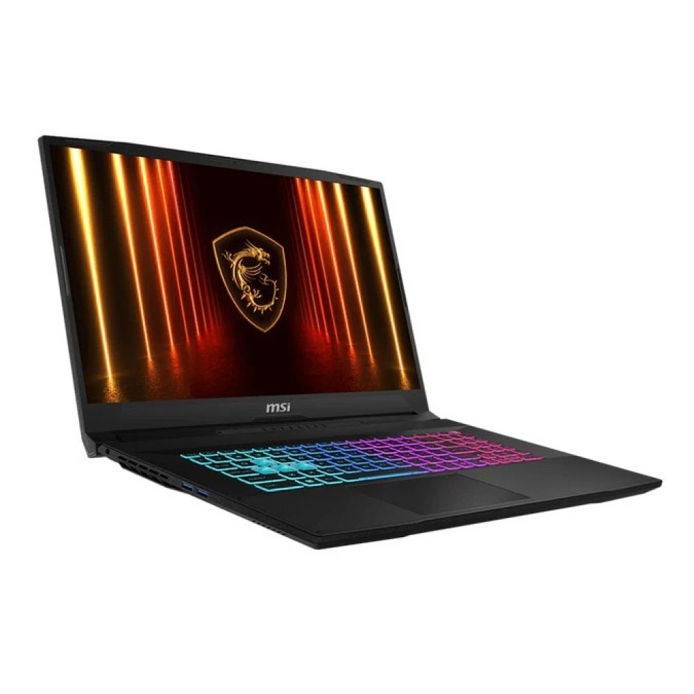 Czarny laptop z podświetlaną klawiaturą i logo MSI na ekranie.