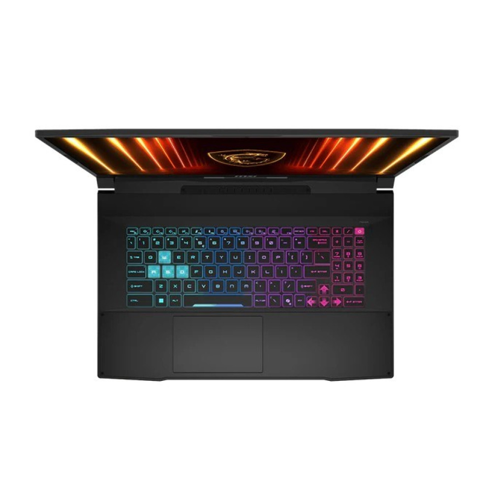 Widok z góry otwartego czarnego laptopa z kolorową podświetlaną klawiaturą RGB.