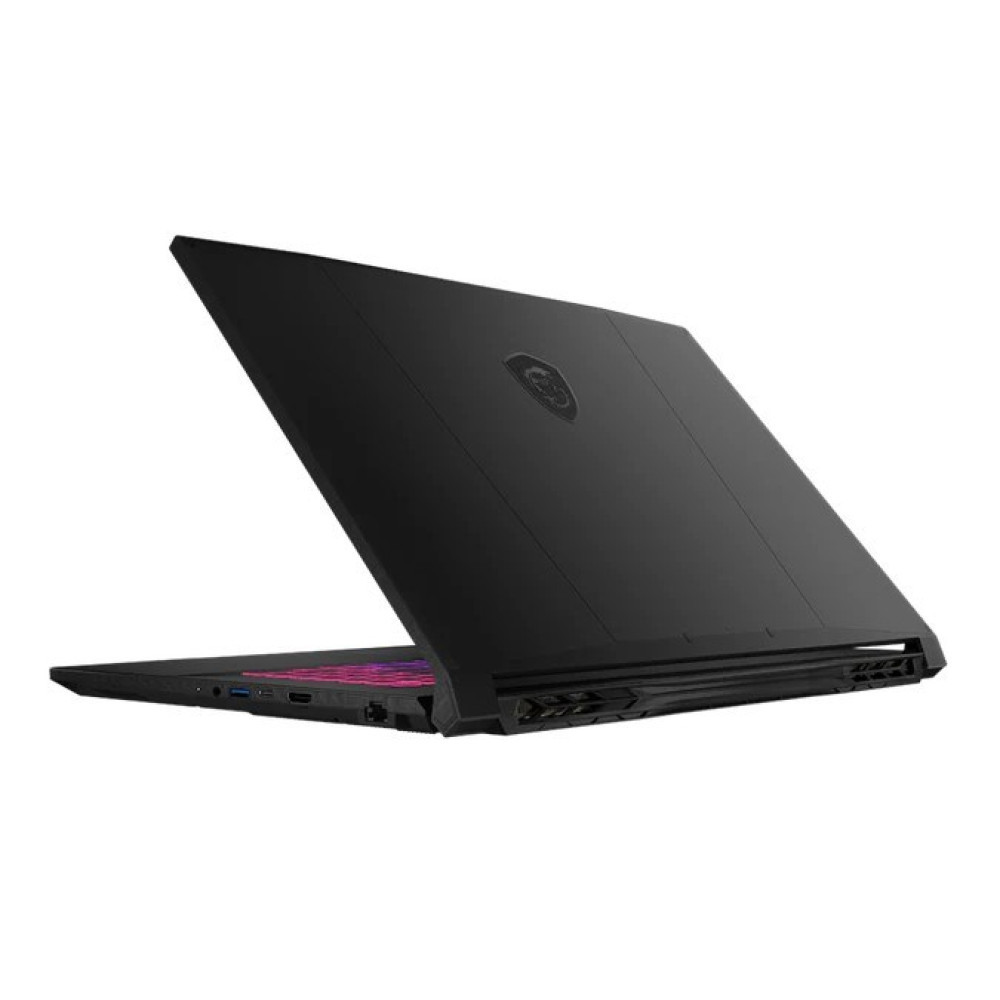 Czarny laptop MSI, otwarty, z podświetlaną klawiaturą i logo na pokrywie.